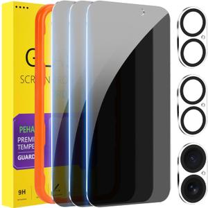 PEHAEL 3+3 Pack for iPhone 16 Plus Privacy Screen Protector with Camera Lens Protector Full Coverage Anti-Spy Tempered Glass Film 9H Hardness Easy Installation Bubble Free [6.7 inch]