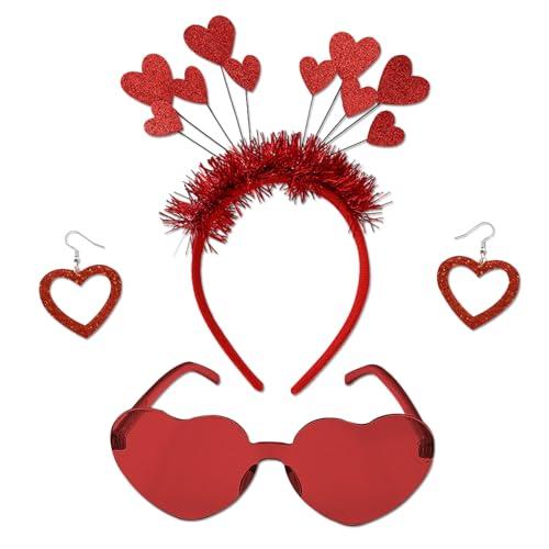 DONCIDAY Red Heart Shape Headband Glitter Sunglasses Sequin Earrings Valentines Day Halloween Cosplay Costume Accessories Set, 2 Pack