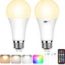 Yochoice Rechargeable Battery Operated Light Bulb with Remote Control, Dimmable LED A19 Bulb with 9 Colors Selectable & 3 Timer, Wireless Light Bulb for Wall Sconce, Non-Hardwired, 2 Pack