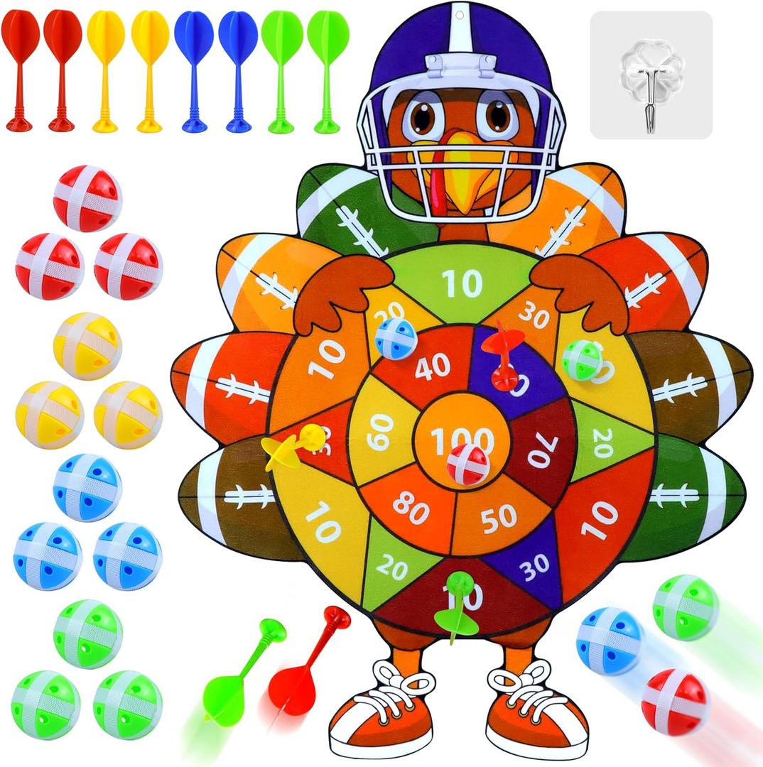 Thanksgiving Games Turkey Dart Board for Family, Kids Adults with 12 Sticky Balls and 8 Darts, Thanksgiving Activities Games Toys Indoor Outdoor Party Favors Gifts