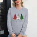 Merry and Bright Sweatshirts Women Funny Leopard Printed Plaid Christmas Trees Long Sleeve Shirt Xmas Graphic Pullover Tops (Gray, M)