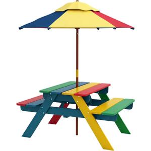 Outsunny Kids Picnic Table Set with Parasol, Wooden Outdoor Bench Set with Seating for 2 Children 3-6 Years Old for Patio, Backyard, Indoor Use, Multicolor