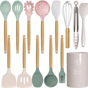 Silicone Cooking Utensils Set - 446F Heat Resistant Silicone Kitchen Utensils for Cooking,Kitchen Utensil Spatula Set w Wooden Handles and Holder, BPA FREE Gadgets for Non-Stick Cookware (Colorful)