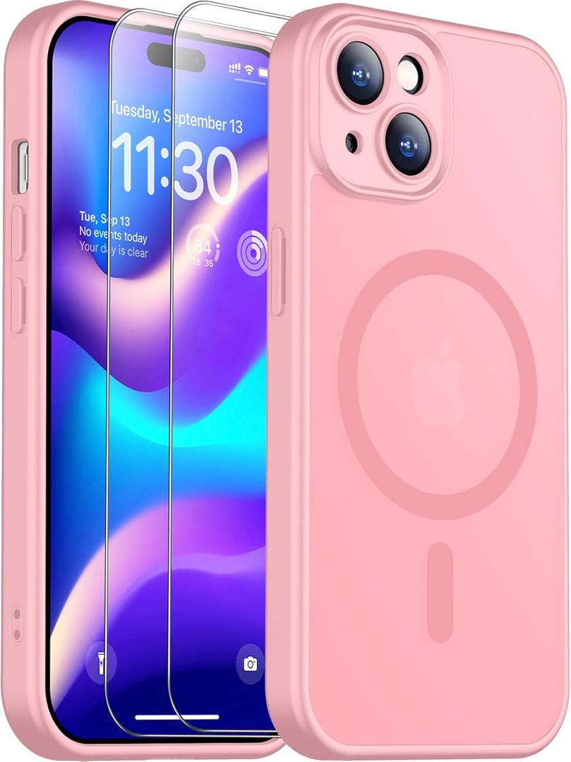 SPIDERCASE for iPhone 15 Plus Case, Magnetic Translucent Matte Case with 2PCS Tempered Glass Screen Protector Slim Phone Case for iPhone 15 Plus 6.7'', Pink