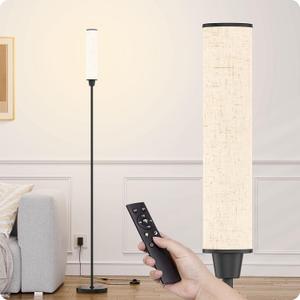 Floor Lamp with Remote Control, Floor Lamps for Living Room/Bedroom/Office, Stepless Adjustable 3000K-6000K Colors and 10-100% Brightness,Standing Light with Foot Switch (Black+Beige Linen)
