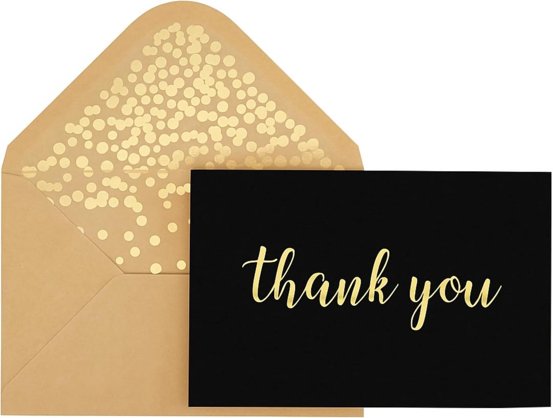 Thank You Cards - Blank 50 Pack Matte Finish Cards with Foiled "Thank You" Printed with 52 Confetti Design Kraft Envelopes 4" x 6" - for Bridal Shower Baby Shower Birthday Party (Black, Gold)