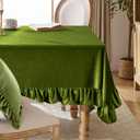 KKJIAF Olive Green Velvet Tablecloth 60 x 102 Inch, Retro Farmhouse Ruffle Oblong Tablecloth Washable Table Cover for Wedding Buffet Parties Baby Shower Kitchen Decoration