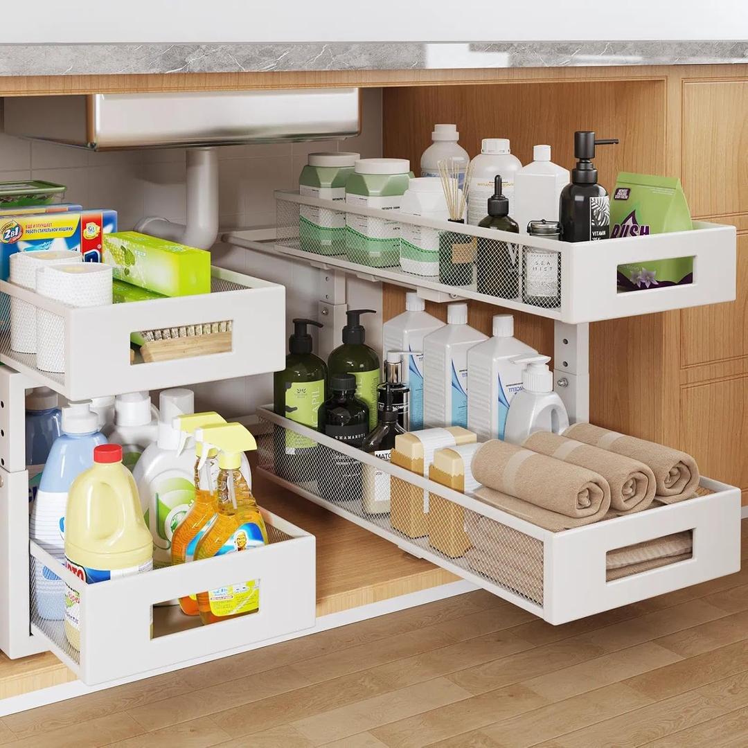 2 Packs 21IN Depth Under Sink Organizer, 2-Tier Pull Out Cabinet Organizer With Smooth Circular Rail, Large Capacity Metal Mesh Sliding Drawers For Bathroom& Kitchen Storage,Height Adjustable White, 2 Pack-21"Dx11.6"-16.7" H