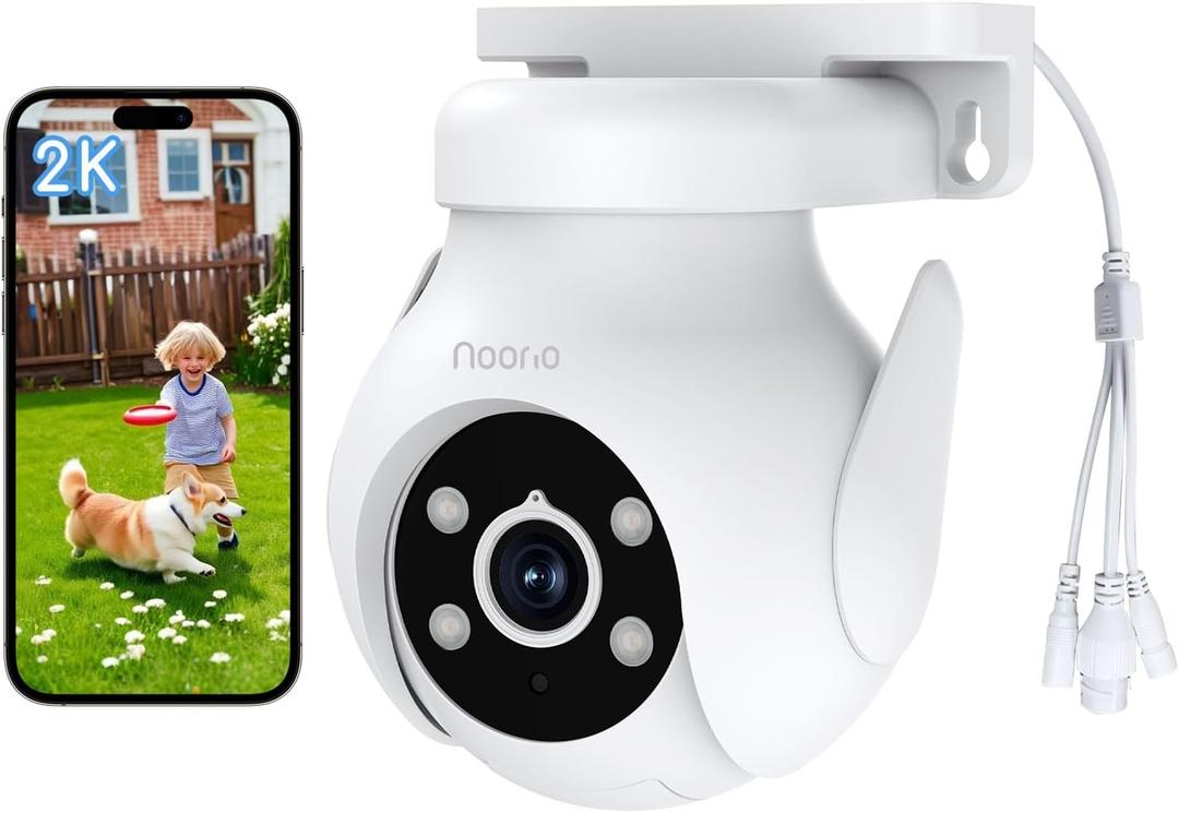 Noorio 2K Security Camera Outdoor 360° Pan/ Tilt, Two Way Talk Wired Outdoor Camera for Home Surveillance, 24/ 7 Recording, Color Night Vision, Cloud & SD Card Storage, Compatible with Alexa, 2.4G WiFi