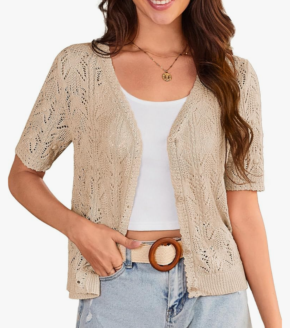 GRACE KARIN 2025 Women's Short Sleeve V Neck Cardigans Sweaters Open Front Knit Crochet Button Bolero Shrugs Tops, S