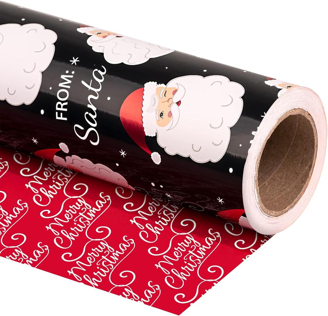 WRAPAHOLIC Reversible Vintage Christmas Wrapping Paper - Mini Roll - 17 Inch x 33 Feet - Black Jolly Santa Wrapping Paper and Red Merry Christmas Design with Metallic Foil Shine for Holiday, Party