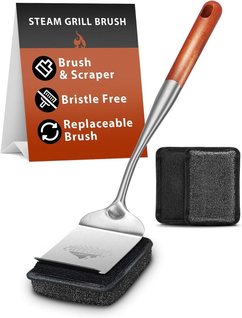 Bristle-Free Grill Brush for Outdoor Grill, Steam Cleaning Grill Brush Bristle Free with 1 Replaceable Brush Head, Steel Fibers Pad for Cast Iron/Stainless-Steel Grates