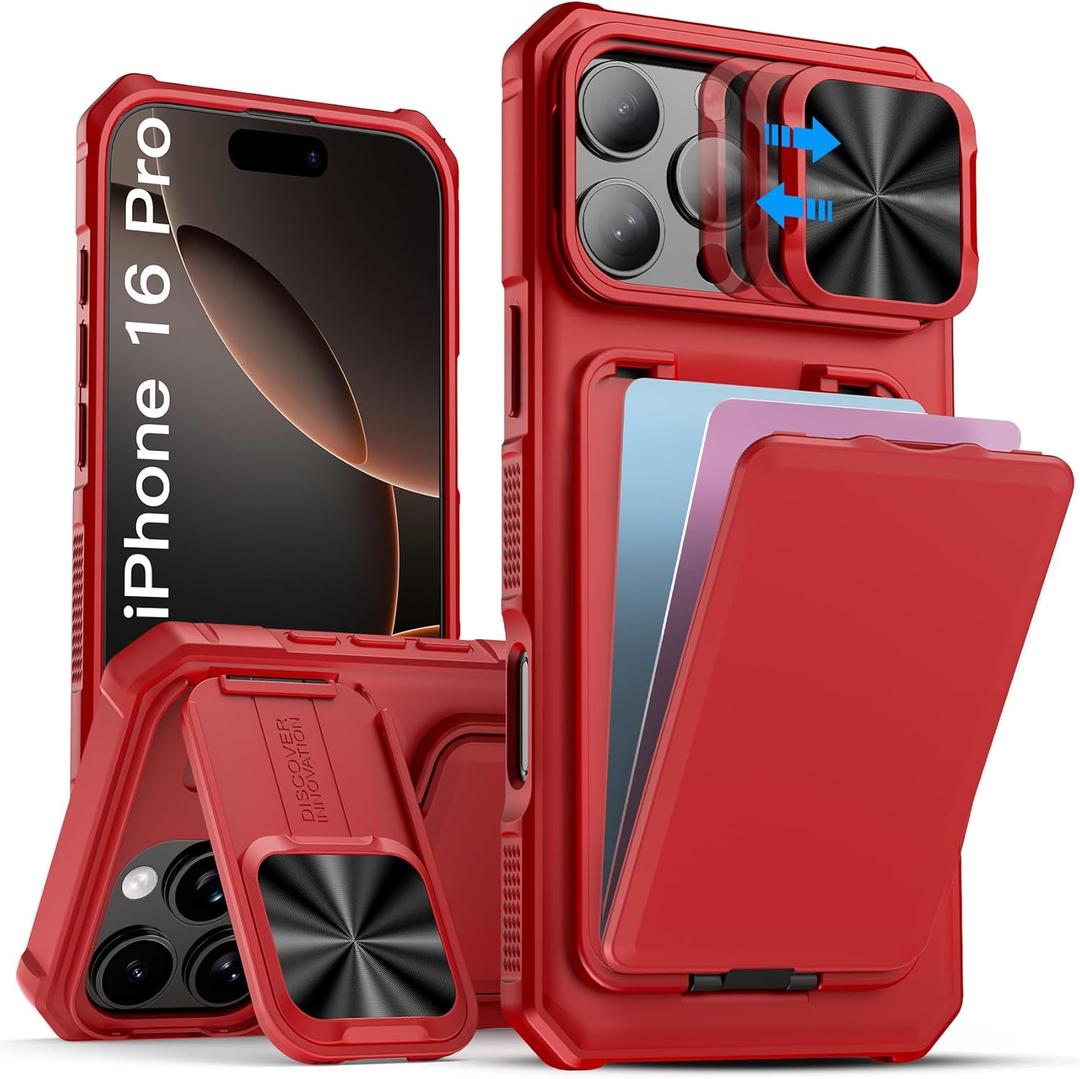 SSLOTSCASE for iPhone 16 Pro Case with Stand & Card Holder & Slide Camera Lens Cover & Kickstand, Stylish Sturdy TPU Soft Silicone Edge Protective Phone Case Cover for iPhone 16 Pro 6.3'' 5G 2024, Red