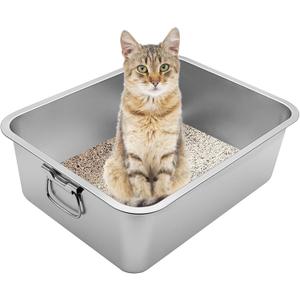 Fhiny Stainless Steel Litter Box with Handle Metal Cat Litter Pan and 4 Non-Slip Pads High Sided Cat Toilet Easy to Clean Odor Control for Kitties Kitty Rabbits（19.7 x 13.8 x 5.9 in ）