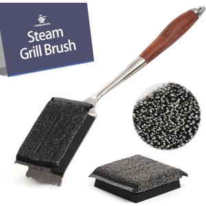 Bristle-Free Grill Brush with Steam Cleaning - Heat-Resistant Aramid Fiber Pad & 1 Replaceable Head 16 Inch Long Wood Handle- Safe for All Types Grills,Ideal Gift for Dads