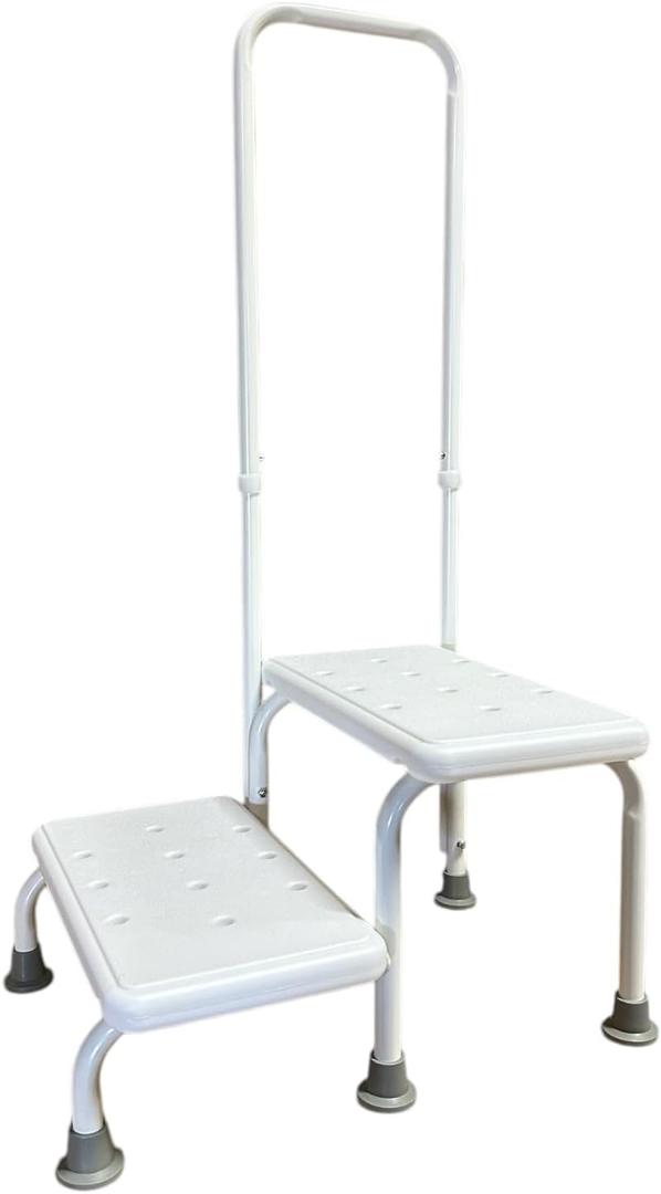 Double Step Stool with Handrail Heavy Duty 2 Steps Non Slip Bath Bedroom Seniors, White