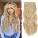 FESHFEN Clip in Hair Extensions - 4 PCS Long Wavy Thick Clip in Hairpieces Full Head Synthetic Hair Extension for Women, Dark Golden Mix Beige Blonde 20 Inch