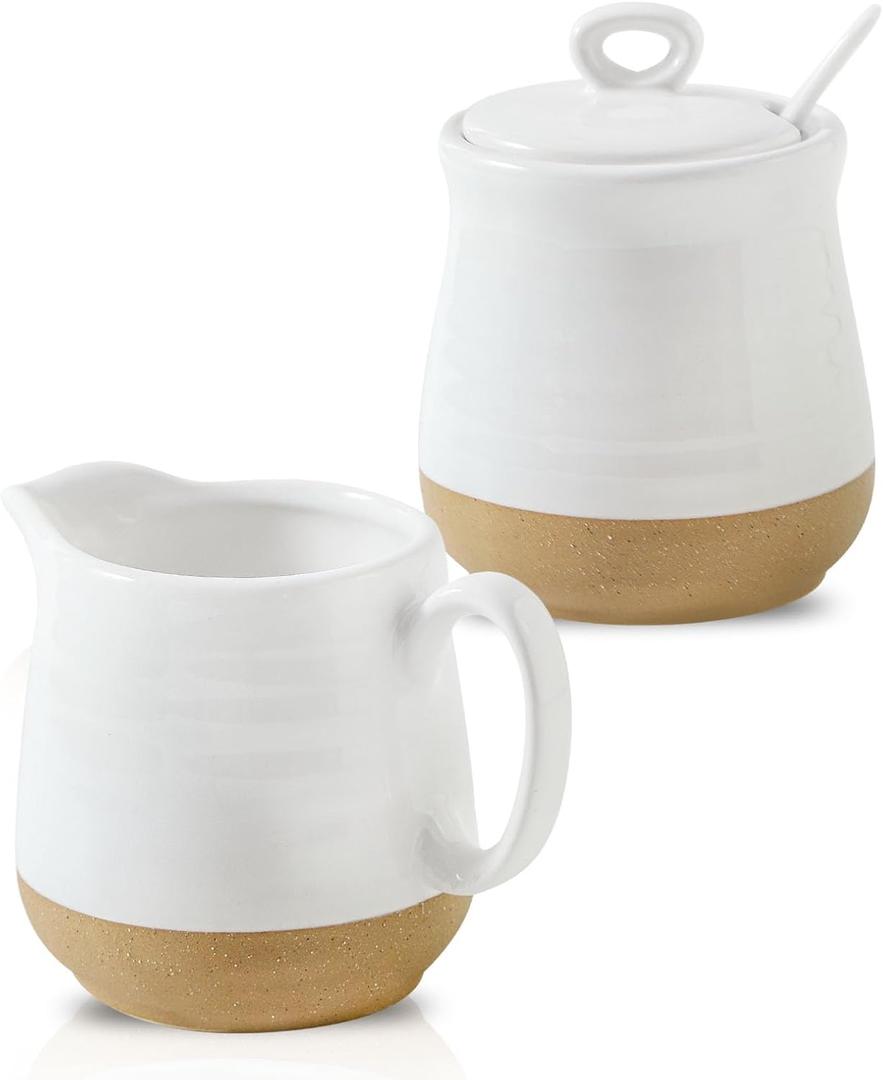 Ceramic Sugar and Creamer Container Set of 3,10 Ounce Cream Pitcher,11 Ounce Sugar Bowl with Lid and Spoon,Farmhouse Coffee Bar Accessories Set for Serving,Microwave & Dishwasher Safe,White