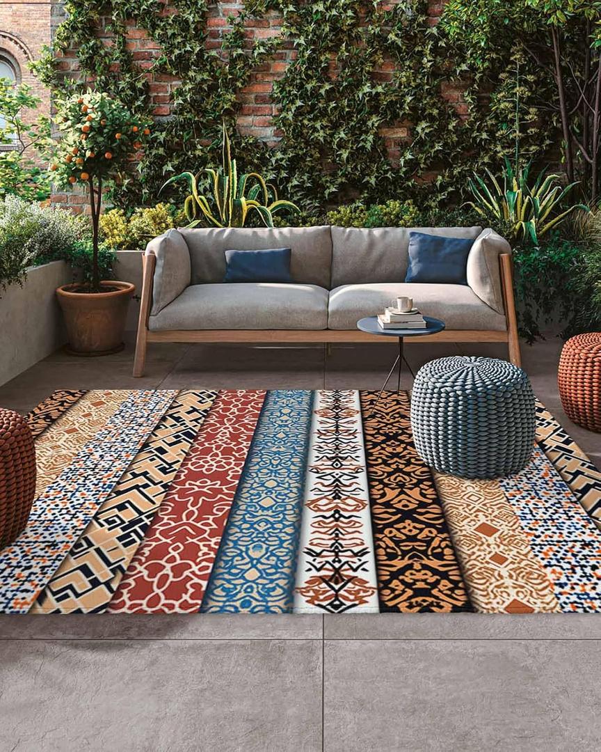 4x6 Large Area Rug Ethnic Retro Floral Waterproof Outdoor Patio Rug for Camping RV, Boho Stitching Stripe Indoor Outdoor Carpet,Washable Outdoor Mat for Porch/Deck/Backyard/Balcony/Living Room