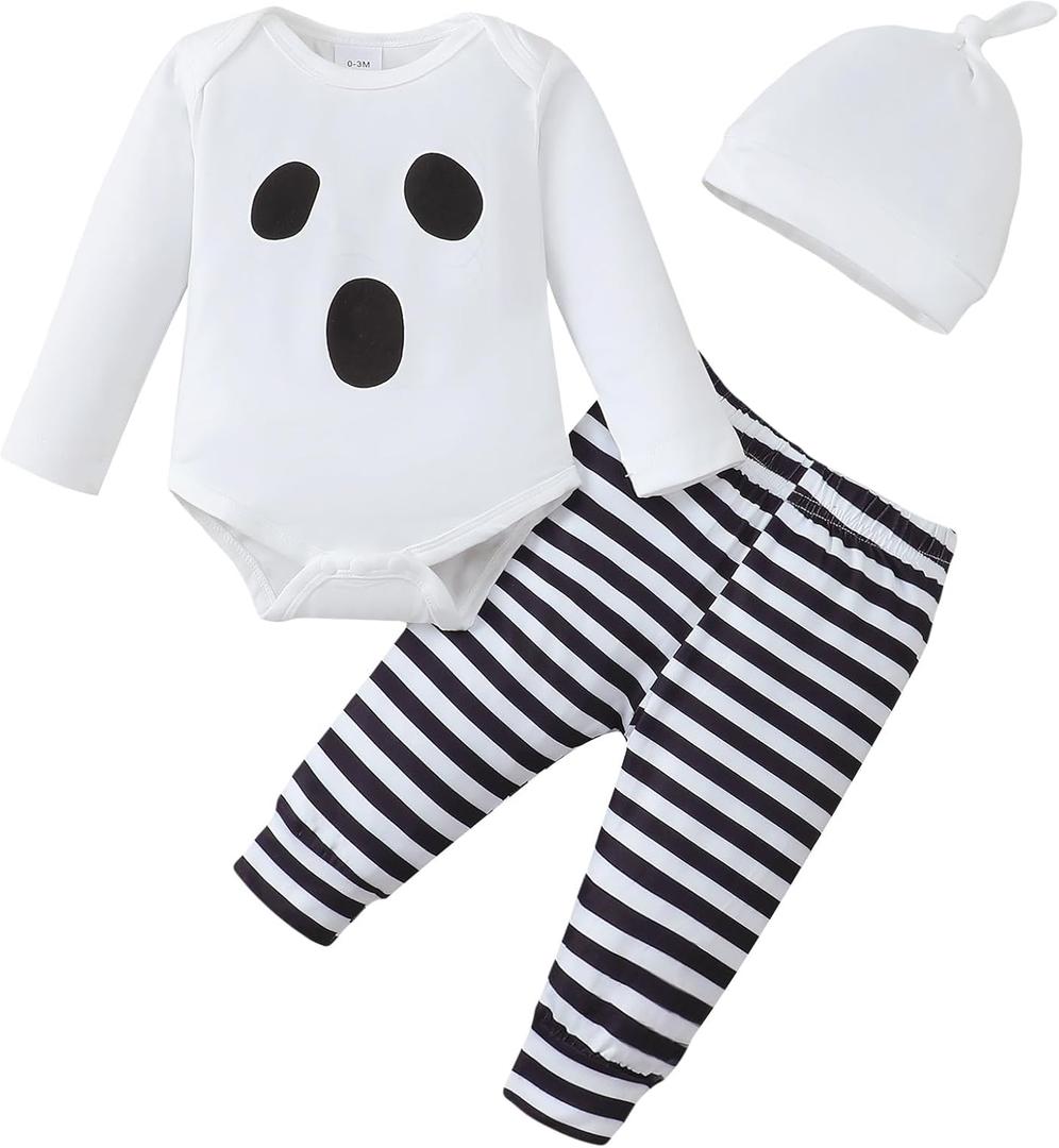Baby Boy Clothes Infant Newborn Outfits Long Sleeve Letter Print Romper + Hat + Pants Set (0-3 Months)