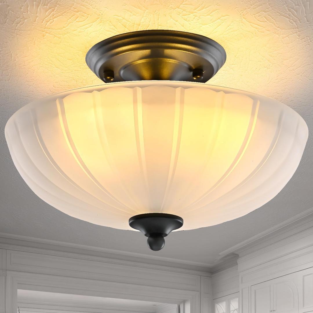 HuixuTe Modern Semi Flush Mount Ceiling Light, 3-Light Black Close to Ceiling Light Fixture with Frosted Glass Shade for Living Room Entryway Bedroom