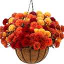 Canlierr 6 Bundle Fall Mum Artificial Flower Hanging Basket for Outdoor Porch Decor Fake Marigold Silk Orange Flower Bouquet Chrysanthemum UV Resistant Realistic Plant Autumn Home Decor (Fall Color)