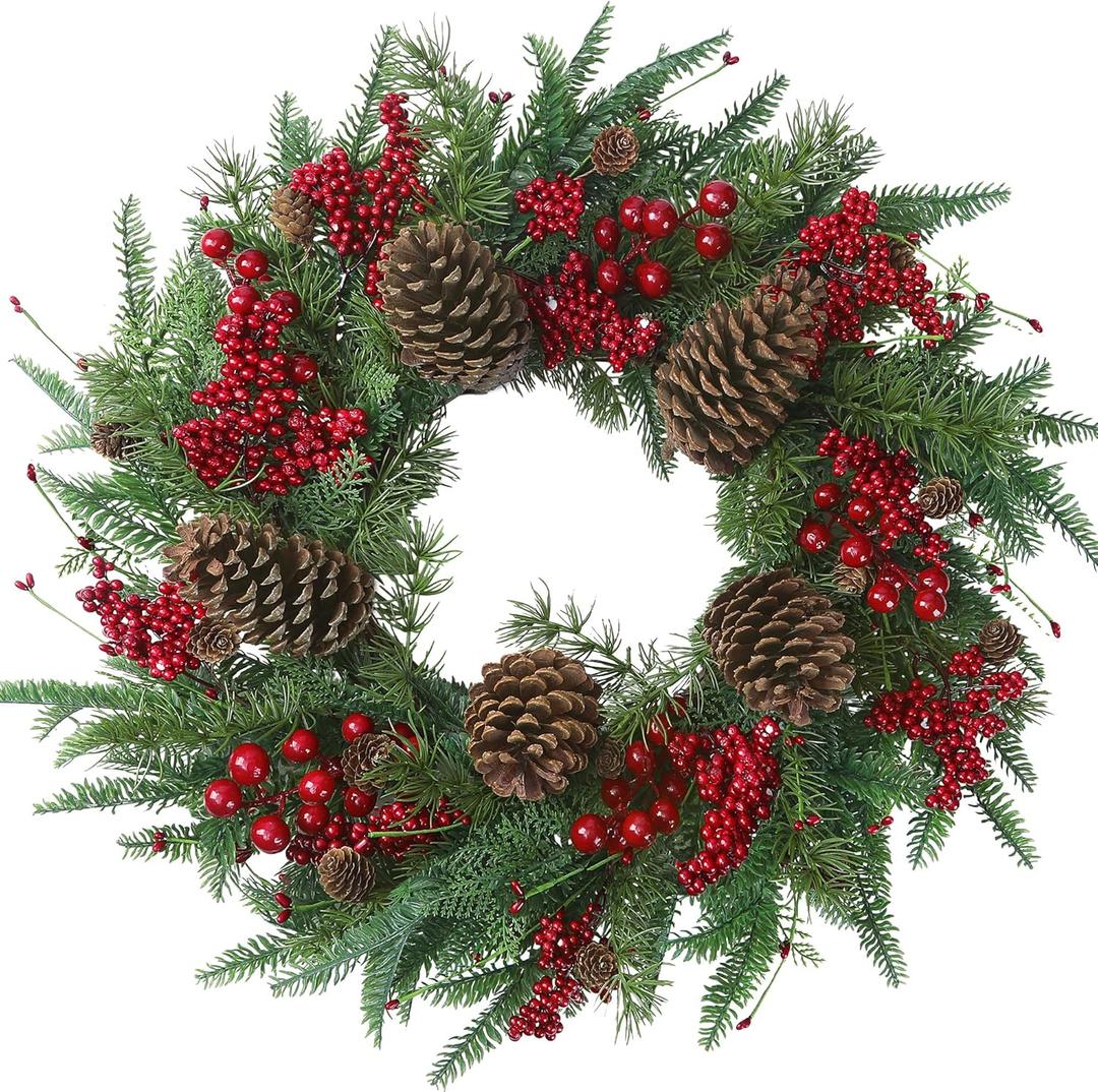22 Artificial Christmas Wreath Norfolk Pine Wreath for Front Door with Pine Needles Red Berries Big Pinecones Christmas Decorations for Winter Farmhouse Wall Indoor Outdoor Home Holiday Xmas Decor (Green and Red)