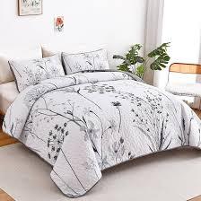 Dobuyly Floral Quilt King Size Set, Grey and White Botanical Bedspread Coverlet Set 3 Pieces, Soft Lightweight Microfiber King Size Quilts for Bed All Season, 110"x90"