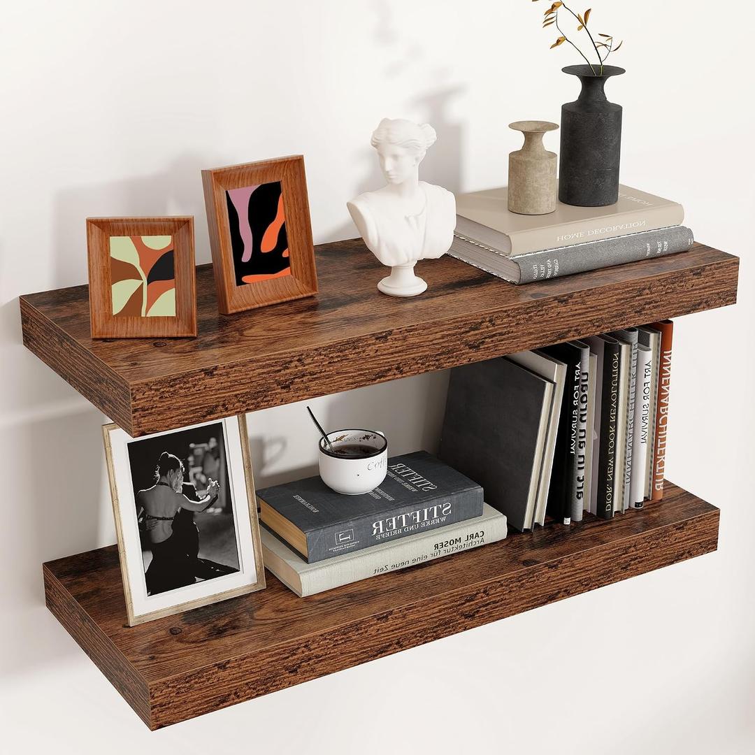 Venusmiles Floating Shelves for Wall, Engineered Wood Wall Shelves with Invisible Brackets for Living Room Bedroom Bathroom Office Kitchen Decor and Storage (Brown, 24" W x 9" D x 1.5" H) Set of 2