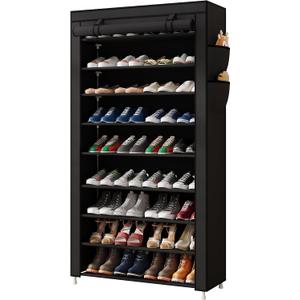 Laiensia 9-Tier Vertical Shoe Rack Organizer, Space Saving Shoe Storage Organizer, Non-Woven Cover Shoe Shelf Holds 36-45 Pairs for Bedroom, Hallway, Closet Entryway, Black