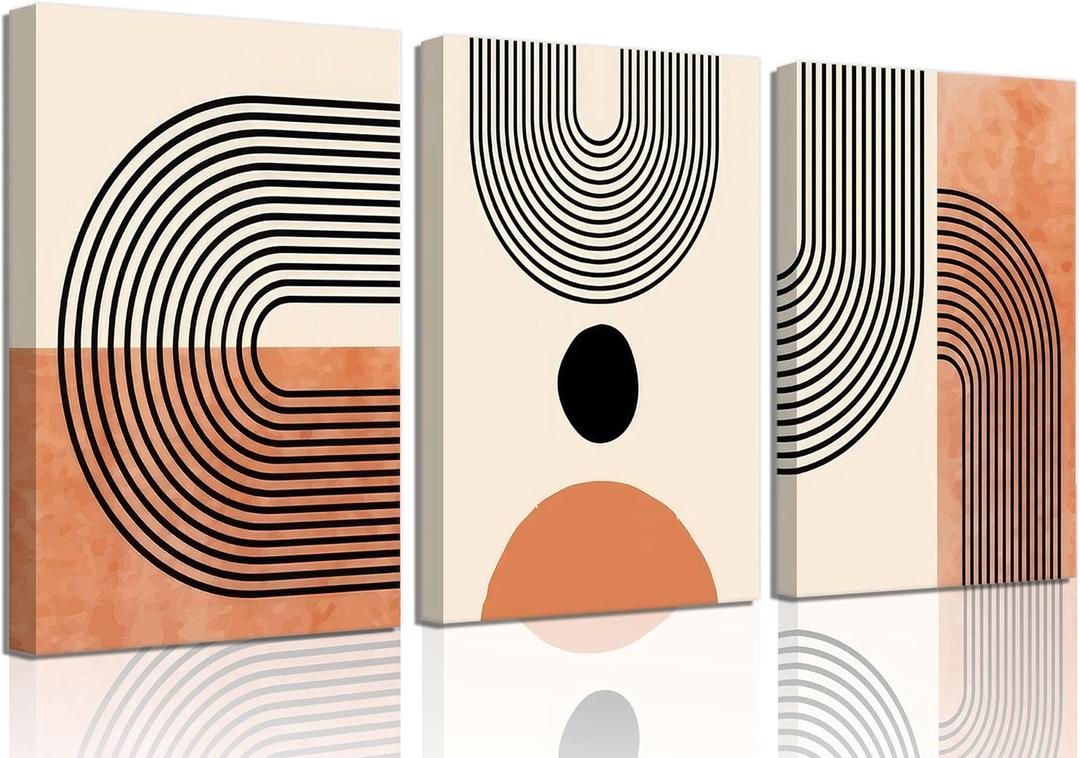 3Pcs Minimalist Boho Canvas Wall Art Beige Orange Bohemian Line Wall Decor Pictures Modern Mid Century Posters Prints Abstract Neutral Geometric Paintings for Living Room Bedroom Home Decoration (12x16in)