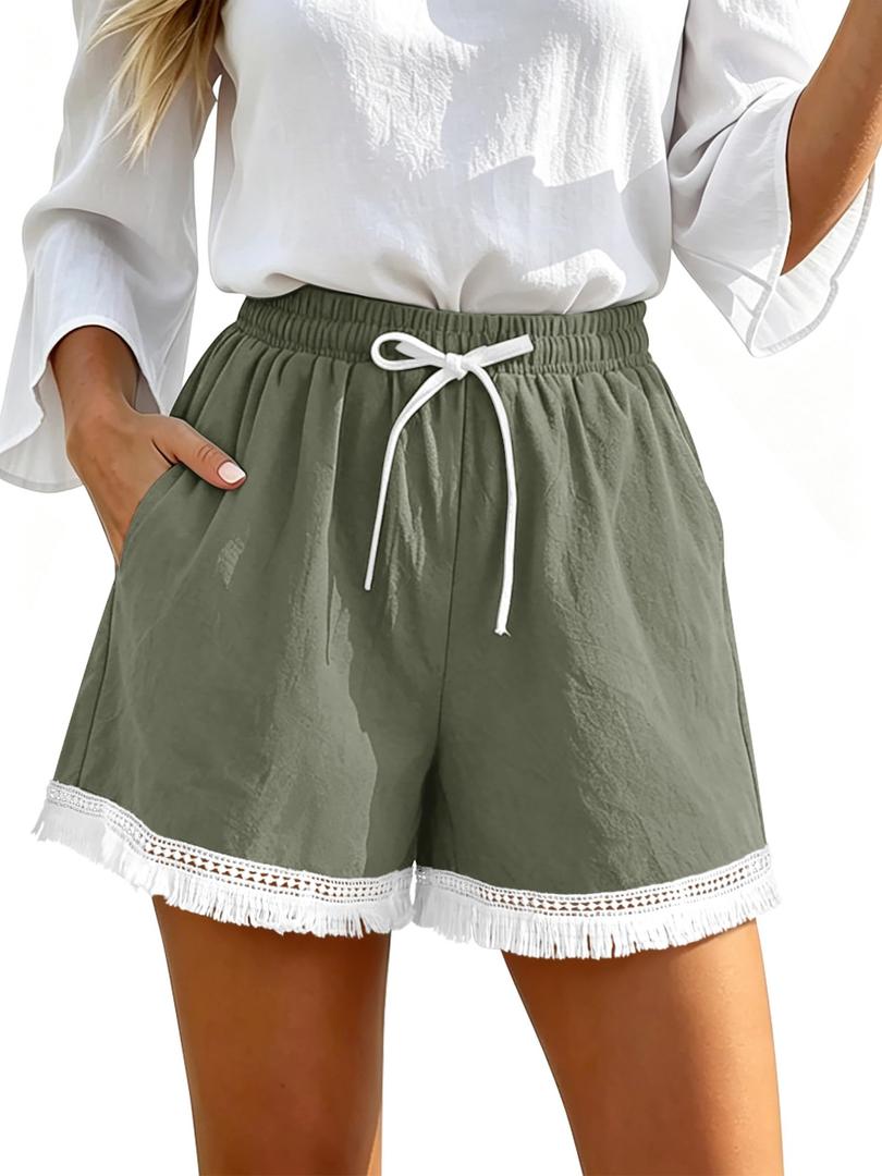 BETTE BOUTIK Summer Comfy Womens Beach Shorts Fashion Cotton Casual Elastic Waist Linen Lounge Shorts Loose Gym Workout Flowy Basic Shorts with Pockets Grey Green XL (Green, XL)