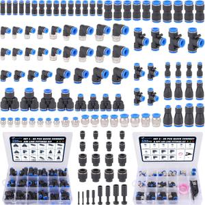 123 Pcs Quick Connect Air Line Fittings Kit Pneumatic Push Lock Air Fittings 1/8",1/4",3/8",1/2" Push to Connect & NPT Thread Air Hose Fittings Quick Release Airline Fitting Kit