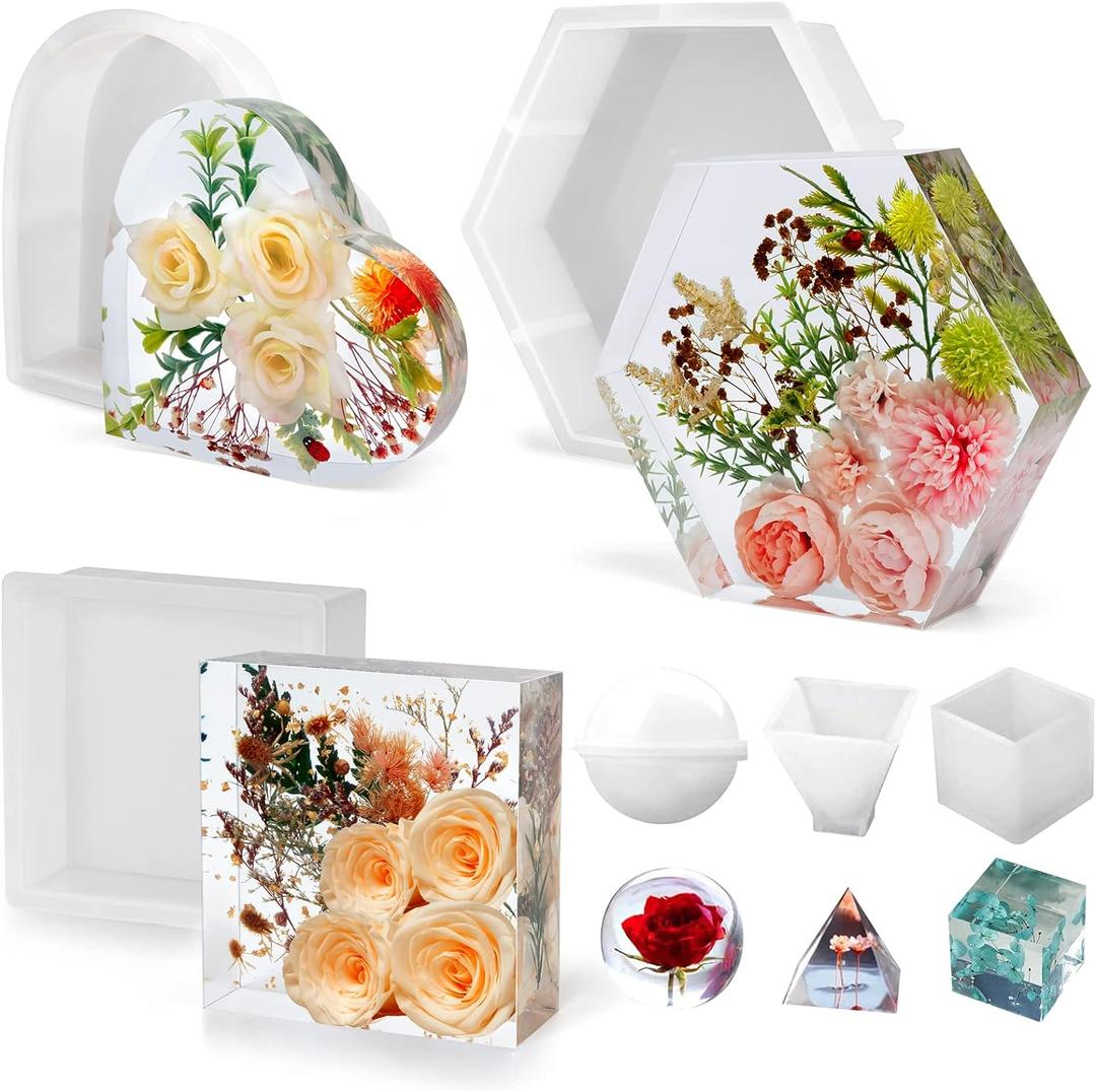 Resin Molds Silicone,Epoxy Resin Casting Craft Mold for Flower Preservation Bookends DIY Art (Hexagon+Heart+Square)