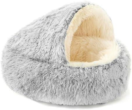 Round Plush Hooded Cat Bed - Cozy Fluffy Cave for Indoor Cats & Small Dogs, Anti-Anxiety Doughnut Design, Waterproof & Washable Base