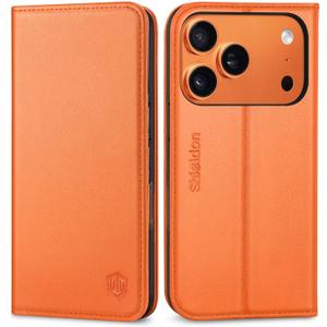 SHIELDON Case Wallet for iPhone 17 Pro 6.3-inch | Genuine Leather, RFID Blocking Credit Card Holder, Magnetic Closure, Folio Design, Kickstand, TPU Soft Full Protective Cover 2025 - Orange