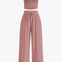 PRETTYGARDEN Women's 2 Piece Matching Lounge Sets Ribbed Short Sleeve Crop Tops Wide Leg Pants 2026 Summer Airport Outfits (M, Pink)