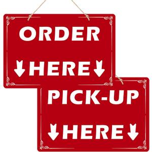 Order Here and Pick Up Here Signs,2 Pack Double-Sided Order Here Signs Pick Up Hers Sign with 4 Twines,Suitable for Restaurants, Cafes, and Bars,Bakery-12"x8"-Red,Acrylic