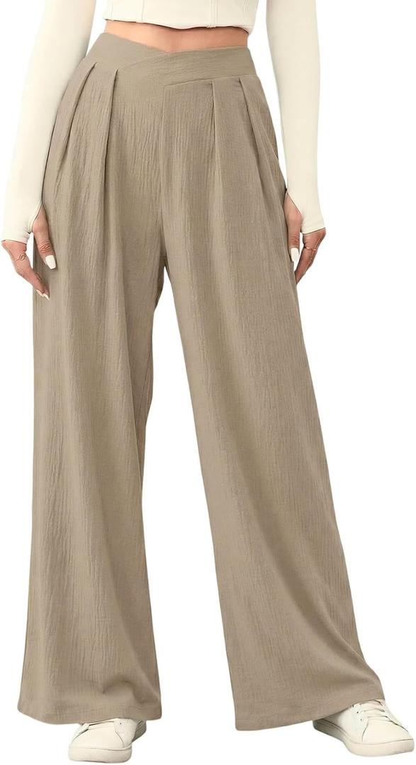 Acelitt Womens Casual Lightweight Palazzo Pants, S-XXL (Beige, S)