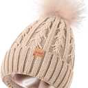 Winuesa Satin Lined Beanie for Women with Pom Pom, Fashionable Womens Winter Hats Silk Beanies, Cute Warm Knit Hat Skull Cap (Oatmeal)