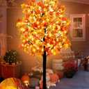 Agusbagli 7FT 128LED Lighted Maple Tree Thanksgiving Decorations with Timer 8 Modes Dimmable Artificial Fall Light Up Tree with 256 Leaves 32 Acorns for Harvest Indoor Outdoor Decor