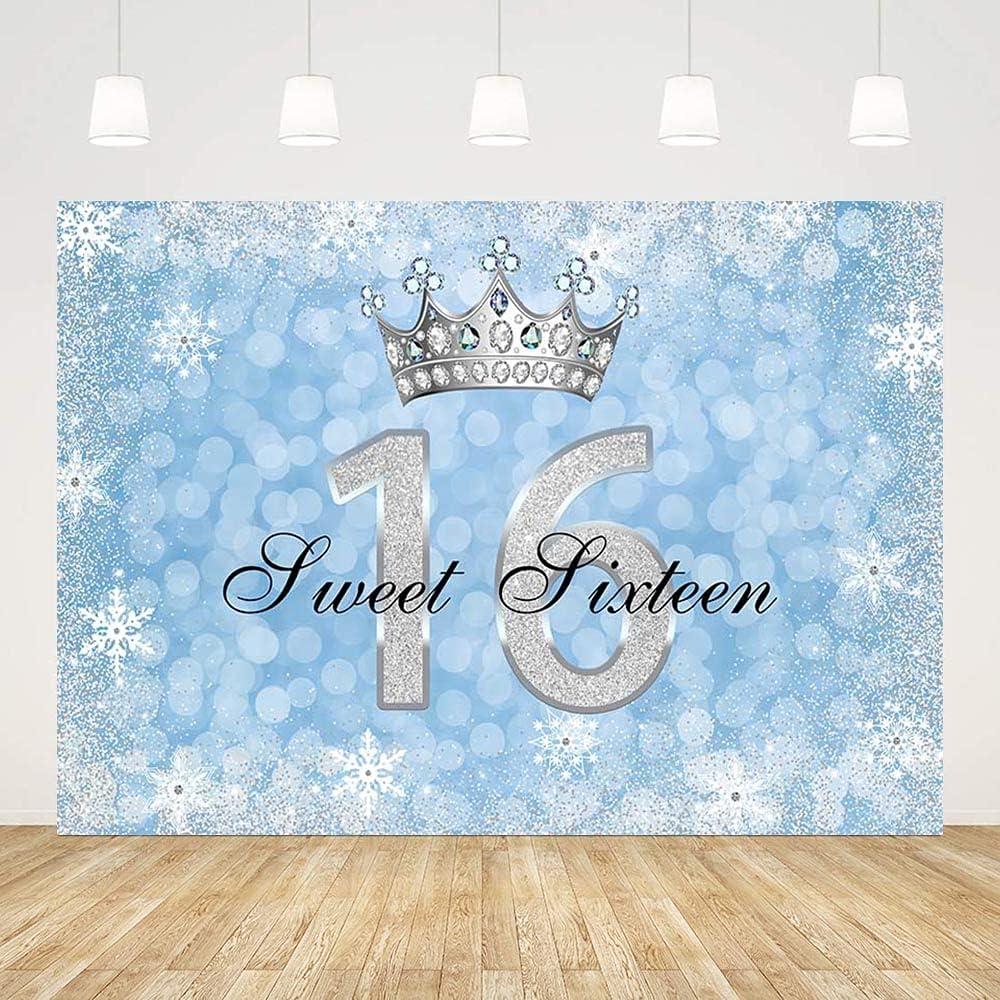 7x5ft Happy 16th Birthday Backdrop Sweet 16 Girl Blue Bokeh Winter Snowflake Silver Crown with Gem Diamonds Background Party Decorations Cake Table Banner Photo Booth Props