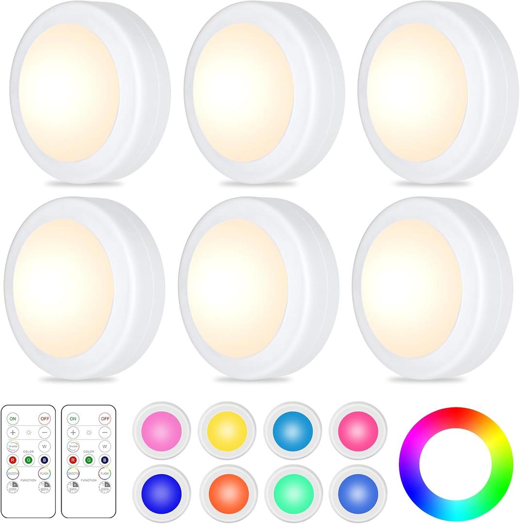 Yiliaw 6 Pack LED Puck Lights Remote Control 16 Color Changeable Under Cabinet Lights, Battery Operated Lights Night Light with Dimmer & Timmer for Closet Bedroom Kitchen, White