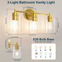 Bathroom Vanity Light Fixtures, 3-Light Brushed Gold Wall Sconce with Clear Glass, Modern Vanity Lights Over Mirror for Bathroom, Kitchen, Living Room, Mirror, E26 Base(Bulbs Not Included)