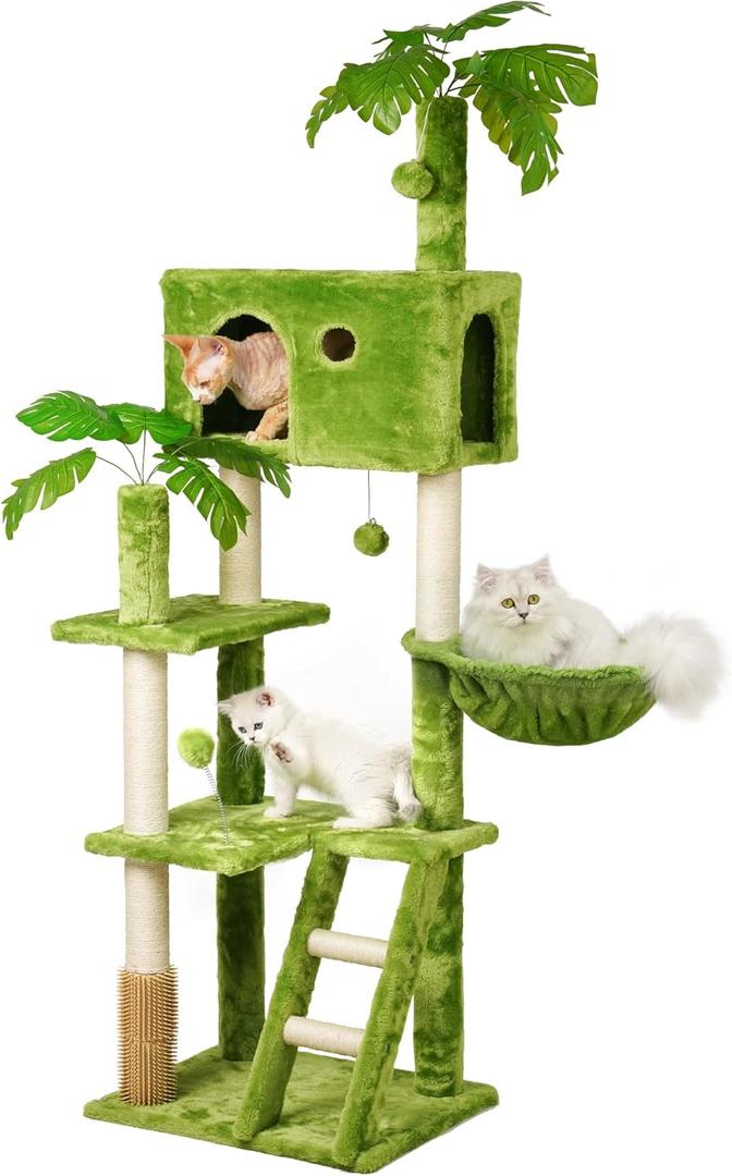 Meecal 65in Tall Cat Tree with Leaves for Indoor Cats, Green Cat Tower with Scratching Post, Hanging Hammock, Cozy Perch, Swing Ball, Self Groomer and Cat Ladder, Cat Tree Tower