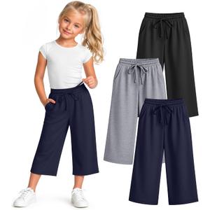 3 Pack Girls' Capri Pants 5-14 Years | Drawstring Capris, Cropped Pants, Kids Sweatpants, Workout, Summer, Loose, Back to School, with Pockets
