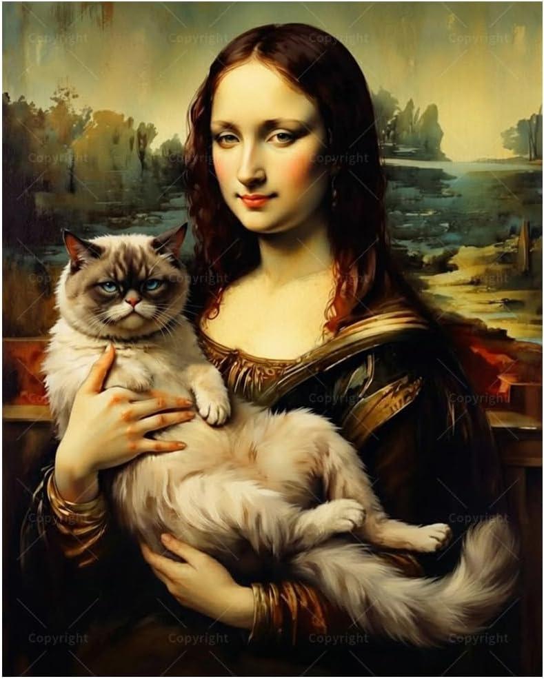 Mona Lisa and Cat Paint by Numbers Kit for Adults - DIY Classic Painting on Canvas 16x20 Inches, Acrylic Paint Set, Suitable for Beginners, Art for Home Decoration or Gifts