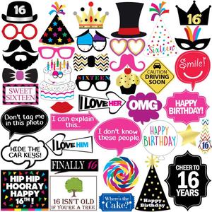 16th Birthday Photo Booth Props - 40 Pieces - Funny Birthday Party Supplies for Him or Her - Photo Booth Decorations, Favors and Gifts