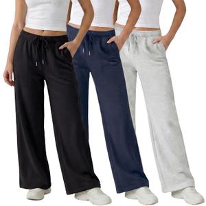 Common Stitch 3 Pack Wide Leg Fleece Lounge Sweatpants for Women Deep Pockets, Relaxed Fit, Elastic Drawstring Waist (XL)