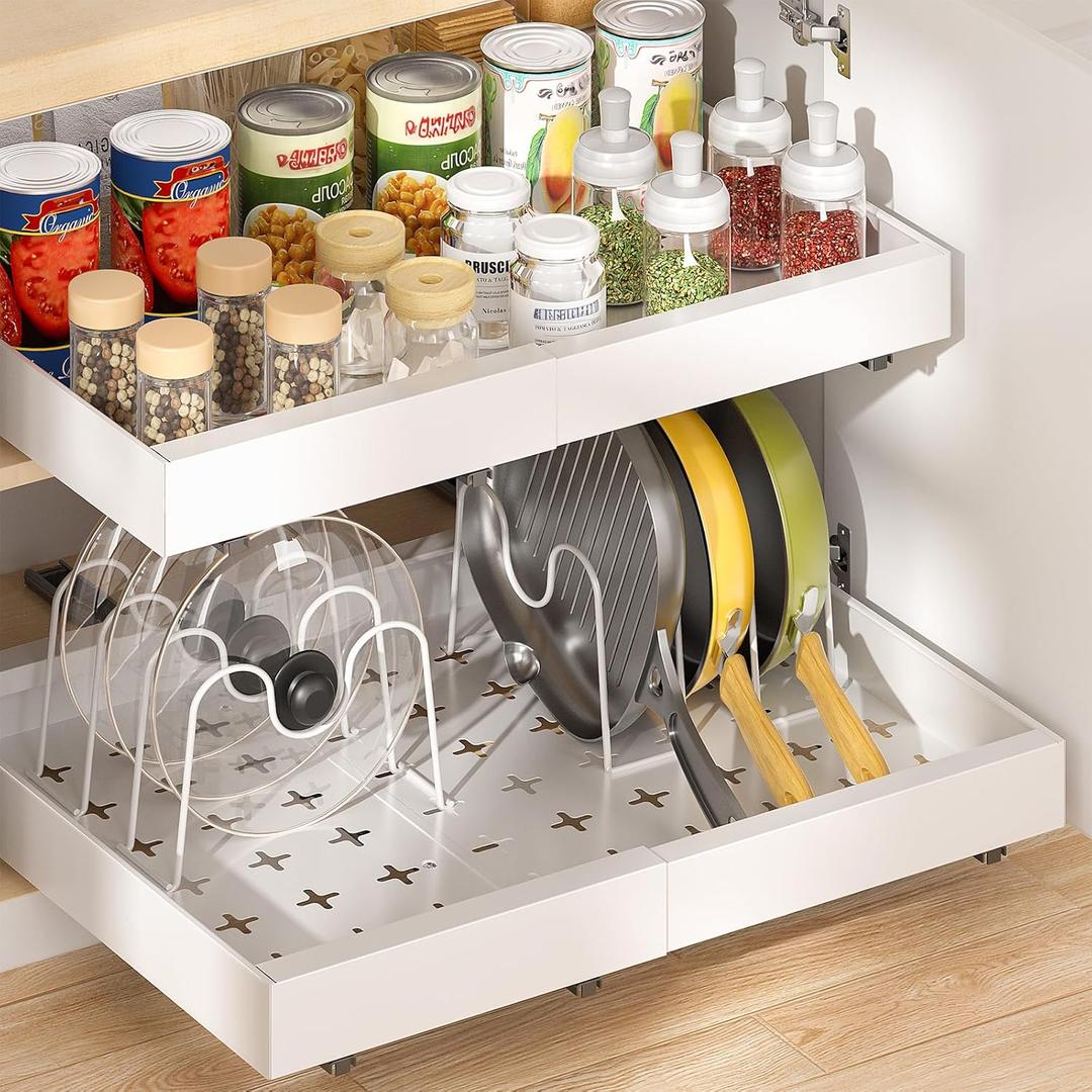 Delamu 2 Pack 16" Deep Pull Out Cabinet Organizer with 6 Dividers, Expandable (11.7" -20" W) Pull Out Drawers for Cabinets, Cabinet Trays Pull Out for Cabinets in Kitchen, Pantry or Bathroom